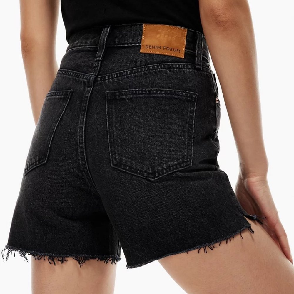 New Aritzia Denim Forum The Yoko Mid Thigh Shorts High-Waisted Long Jean Cut-Off - Picture 3 of 11